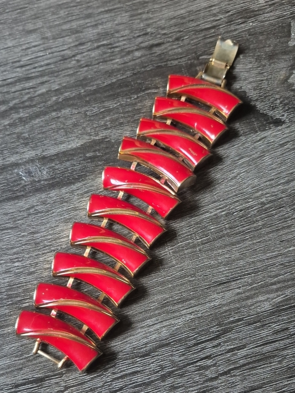 Vintage Red Enamel Metal Bracelet 6.75"